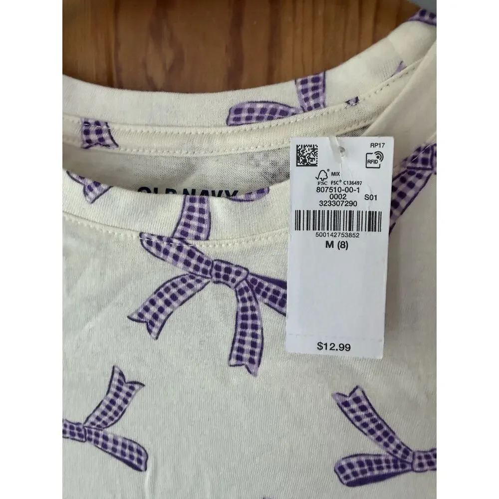 Girls Old Navy Softest White Longsleeve Shirt w/Printed Purple Bows Size M NWT